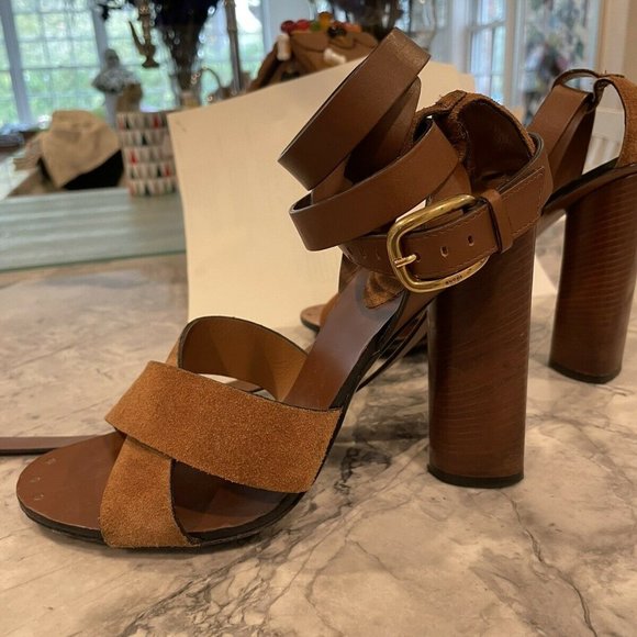 Gucci Shoes - GUCCI 37.5 Brown Suede & Leather Ankle Wrap Strap Sandal Heels Maori